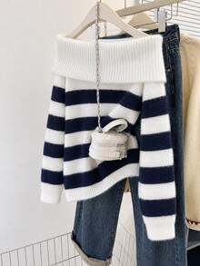Elamini Women's Autumn/Winter Off-Shoulder Faux Mink Fur Color Block Striped Versatile Casual Vibe Knit Sweater - White - View 6