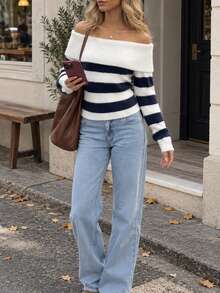 Elamini Women's Autumn/Winter Off-Shoulder Faux Mink Fur Color Block Striped Versatile Casual Vibe Knit Sweater - White - View 7