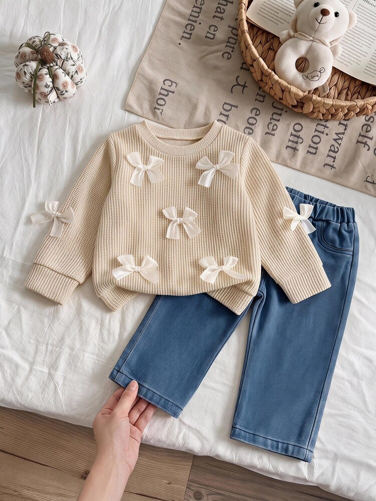 SHEIN 2pcs Toddler Baby Girl Sweatshirt Denim Set Sweet Beige Blue Tulle Bow Knit Long Sleeve Round Neck Birthday Party Fall Ballet Princess Straight Leg - Khaki - View 1