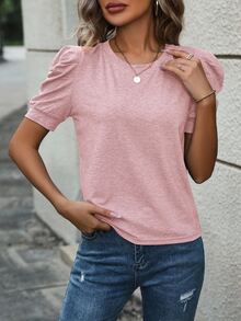 NostaNoir 女款純色泡泡袖圓領T恤，極簡休閒日常穿著，適合上班與城市度假，灰粉色，夏季 - 粉色 - 查看 6