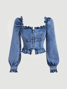 Sweetra Women's Casual Cute Zip-Up Denim Top With Ruffle Hem,Fall/Winter,New Year Outfit,Fall/Winter Date - Blue - View 3