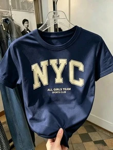 Resyla 復古美式風格 NYC 字母泡泡印花圓領 T 恤，海軍藍基礎休閒上衣，NYC 泡泡印花復古短袖上衣 - 藏蓝色 - 查看 3