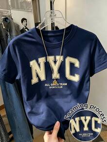 Resyla 復古美式風格 NYC 字母泡泡印花圓領 T 恤，海軍藍基礎休閒上衣，NYC 泡泡印花復古短袖上衣 - 藏蓝色 - 查看 1