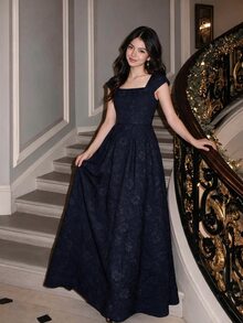 SHEIN Đầm dài dáng chữ A xếp ly cổ vuông ôm sát màu xanh navy thanh lịch dễ thương cho bé gái, phù hợp sinh nhật 16 tuổi, dạ hội, lễ tốt nghiệp, tiệc trang trọng, mùa thu - Màu xanh hải quân - Xem 1