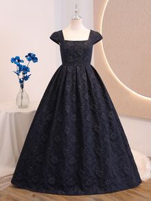 SHEIN Đầm dài dáng chữ A xếp ly cổ vuông ôm sát màu xanh navy thanh lịch dễ thương cho bé gái, phù hợp sinh nhật 16 tuổi, dạ hội, lễ tốt nghiệp, tiệc trang trọng, mùa thu - Màu xanh hải quân - Xem 5