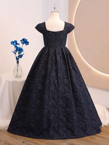 SHEIN Đầm dài dáng chữ A xếp ly cổ vuông ôm sát màu xanh navy thanh lịch dễ thương cho bé gái, phù hợp sinh nhật 16 tuổi, dạ hội, lễ tốt nghiệp, tiệc trang trọng, mùa thu - Màu xanh hải quân - Xem 2