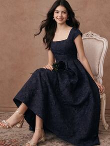 SHEIN Đầm dài dáng chữ A xếp ly cổ vuông ôm sát màu xanh navy thanh lịch dễ thương cho bé gái, phù hợp sinh nhật 16 tuổi, dạ hội, lễ tốt nghiệp, tiệc trang trọng, mùa thu - Màu xanh hải quân - Xem 8