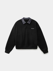 FRESIVO Men's Standard Size Black Pullover Sweatshirt With Collar And Embroidered Design Casual For Spring Polo Sweater Long Sleeve Polo Shirt Collared Shirts - Black - View 4