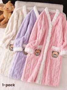 Girls' Pink Minimalist Bear Print Casual Bathrobe - Pink - View 9