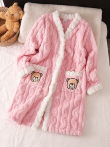 Girls' Pink Minimalist Bear Print Casual Bathrobe - Pink - View 8