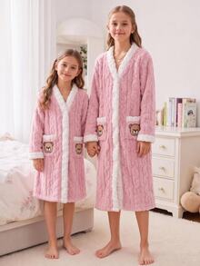 Girls' Pink Minimalist Bear Print Casual Bathrobe - Pink - View 10