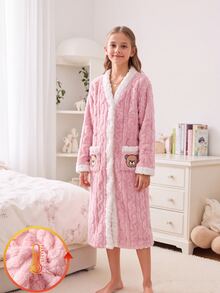 Girls' Pink Minimalist Bear Print Casual Bathrobe - Pink - View 1