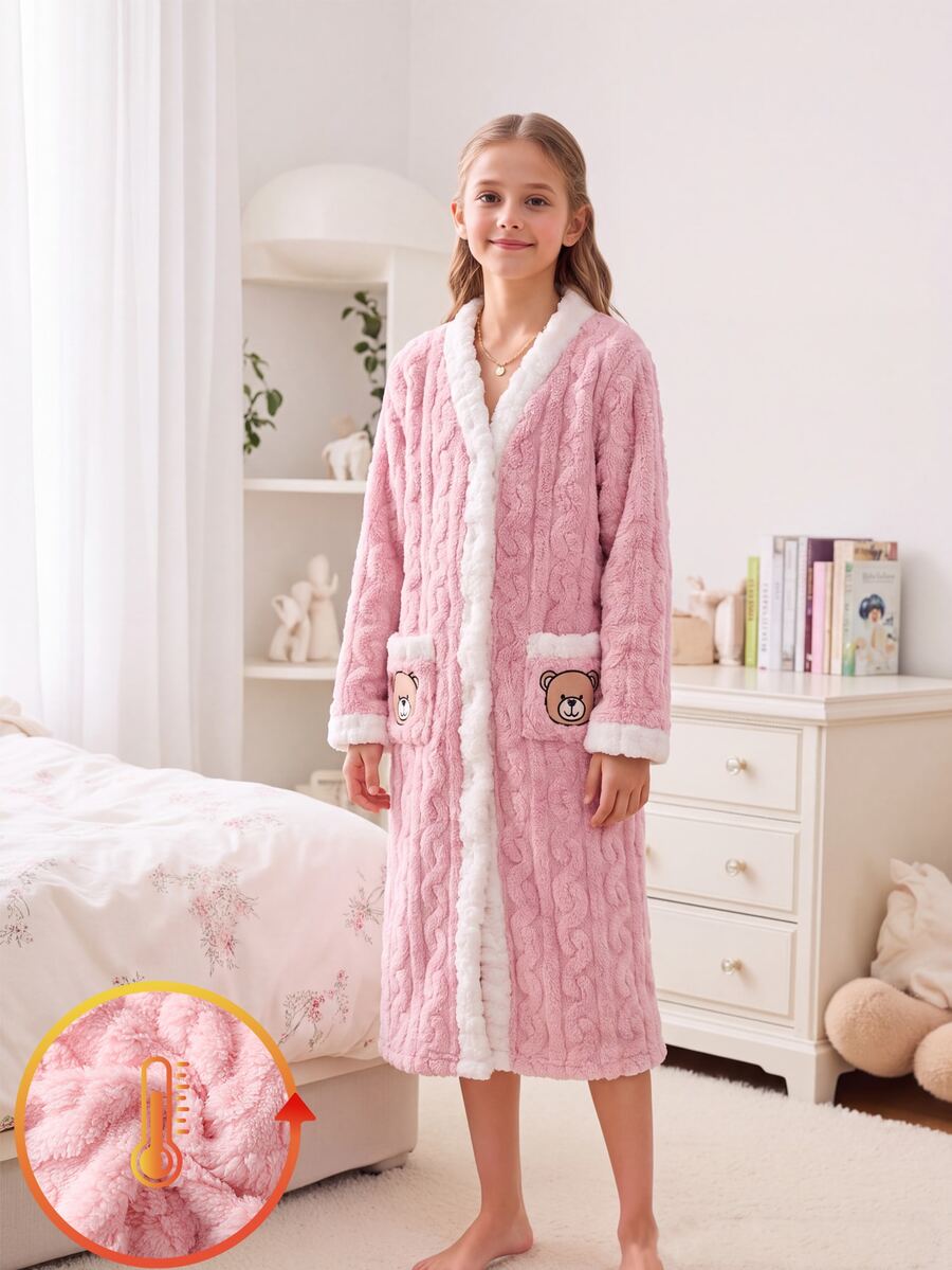 Girls' Pink Minimalist Bear Print Casual Bathrobe - Pink - View 1