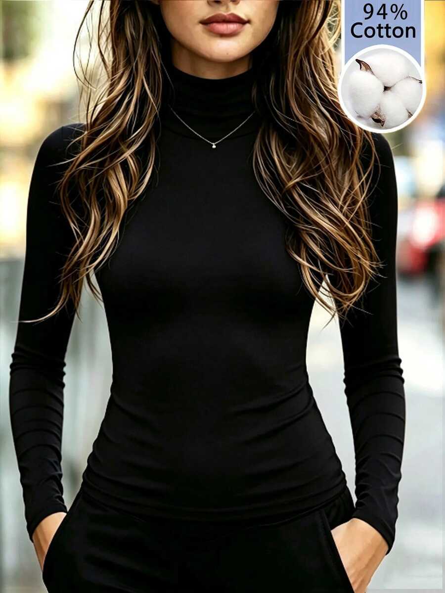RosyDaze Women's Solid Color Fitted Versatile Daily Long Sleeve Top - Black - View 1