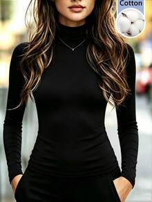 RosyDaze Women's Solid Color Fitted Versatile Daily Long Sleeve Top - Black - View 1