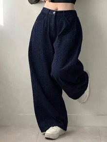 DAZY 女款純色鈕扣口袋寬鬆休閒牛仔長褲 秋季 - 深色水洗藍 - 查看 2
