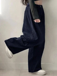 DAZY 女款純色鈕扣口袋寬鬆休閒牛仔長褲 秋季 - 深色水洗藍 - 查看 4