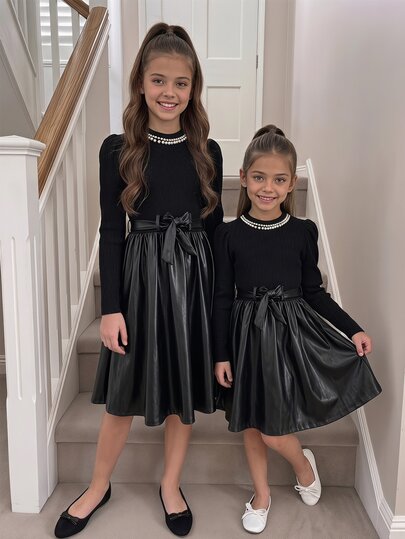 SHEIN Tween Girls Black Waffle Knit Long Sleeve Dress, PU Skirt Hem Pearl Crew Neck Midi Dress, Fall Winter Back To School Party Dinner Elegant