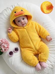 SHEIN Baby Girl Spider Print Hooded Fleece Jumpsuit - Yellow - View 1