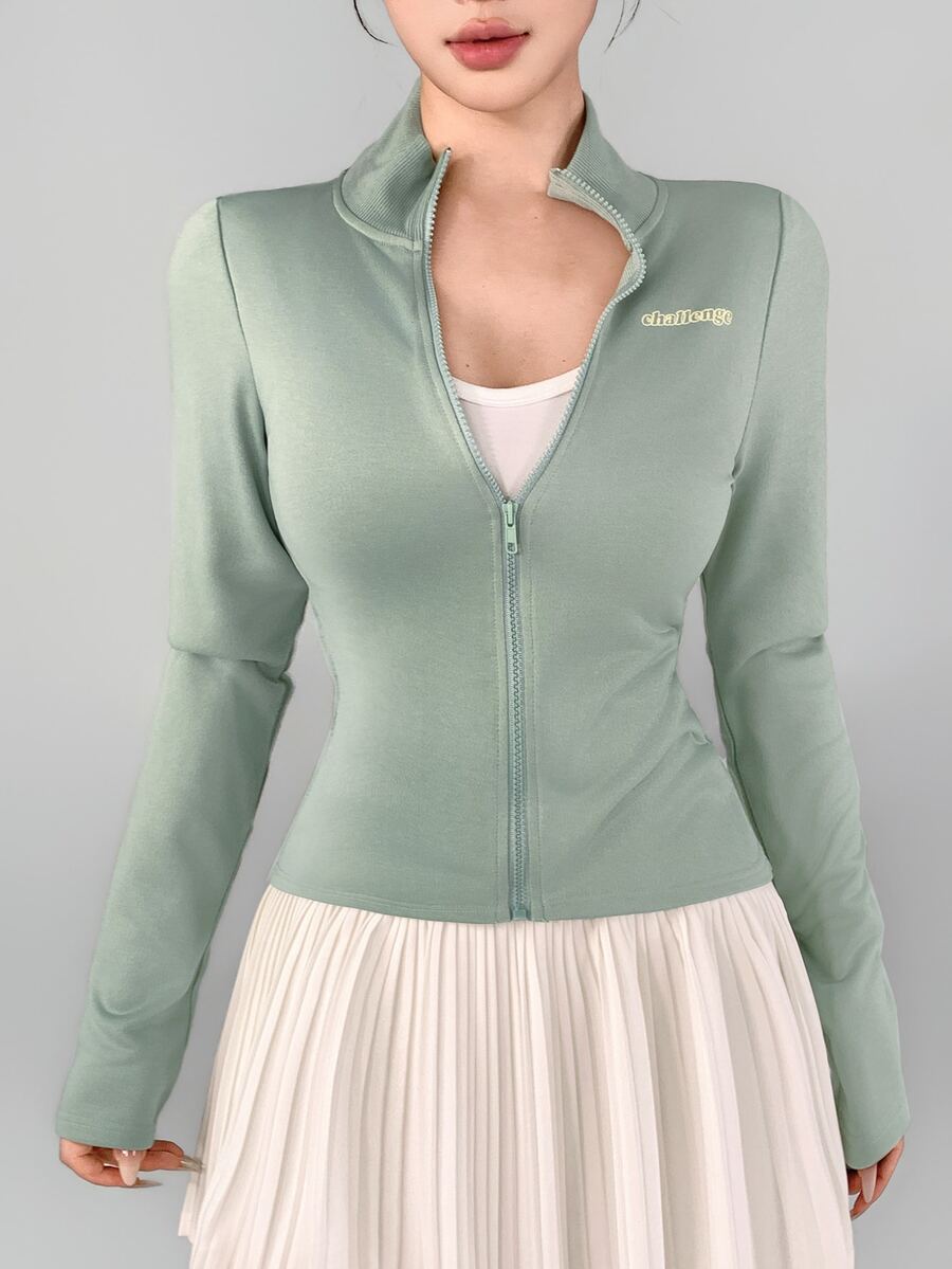 DAZY Autumn/Winter Korean Style Green Stand Collar Zipper Letter Print Short Fitness Outdoor Casual Streetwear Women's Sports Jacket - Mint Green - View 1