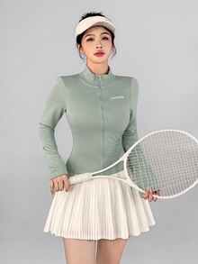 DAZY Autumn/Winter Korean Style Green Stand Collar Zipper Letter Print Short Fitness Outdoor Casual Streetwear Women's Sports Jacket - Mint Green - View 7