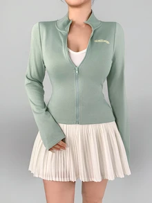 DAZY Autumn/Winter Korean Style Green Stand Collar Zipper Letter Print Short Fitness Outdoor Casual Streetwear Women's Sports Jacket - Mint Green - View 8