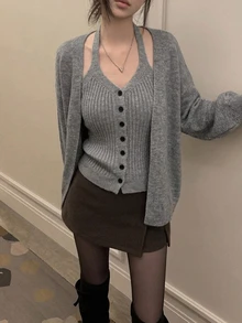 DAZY Women's Button Vest And Long Sleeve Cardigan Sweater 2 Pieces Set - Grey - View 2