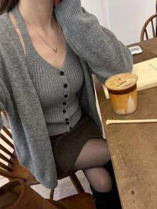 DAZY Women's Button Vest And Long Sleeve Cardigan Sweater 2 Pieces Set - Grey - View 1