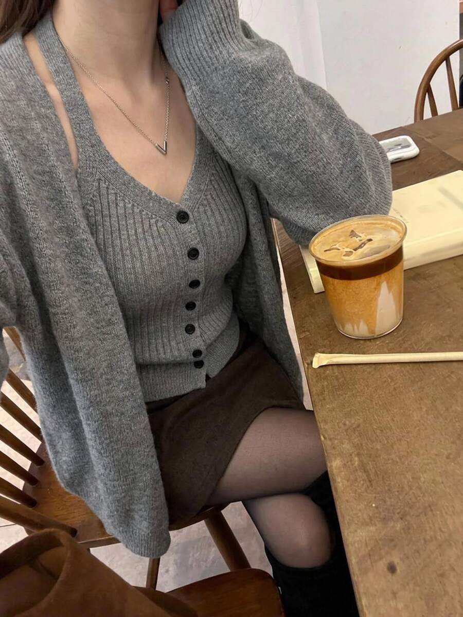 DAZY Women's Button Vest And Long Sleeve Cardigan Sweater 2 Pieces Set - Grey - View 1