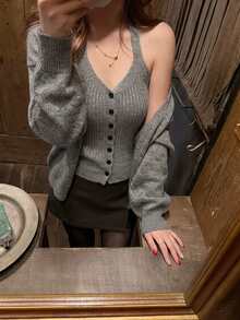 DAZY Women's Button Vest And Long Sleeve Cardigan Sweater 2 Pieces Set - Grey - View 4