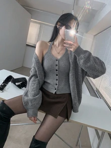 DAZY Women's Button Vest And Long Sleeve Cardigan Sweater 2 Pieces Set - Grey - View 7