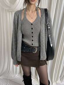 DAZY Women's Button Vest And Long Sleeve Cardigan Sweater 2 Pieces Set - Grey - View 6