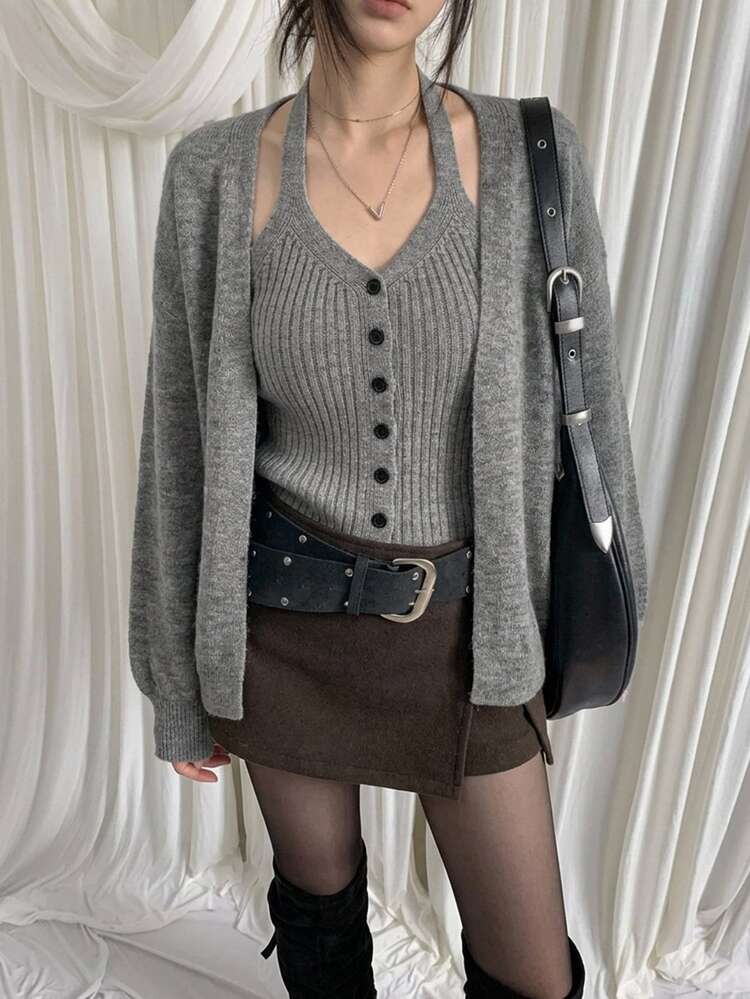 DAZY Women's Button Vest And Long Sleeve Cardigan Sweater 2 Pieces Set - Grey - View 6