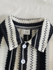 SHEIN Unisex Baby Boy Baby Girl Newborn -1 Years Old Outfit Apricot Short Sleeve Shirt Shorts Textured Fabric Set Suitable For Baby To Wear Outdoors In Summer Textured Fabric Top More Texture - Black and White - View 8