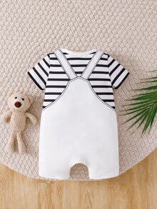 SHEIN Baby Boy Cute Dinosaur Print Soft Comfortable Romper, Suitable For Daily Wear, Holiday Gift Family Matching Photoshoot Black And White Striped Summer - Black and White - View 3