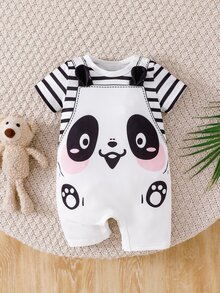 SHEIN Baby Boy Cute Dinosaur Print Soft Comfortable Romper, Suitable For Daily Wear, Holiday Gift Family Matching Photoshoot Black And White Striped Summer - Black and White - View 2