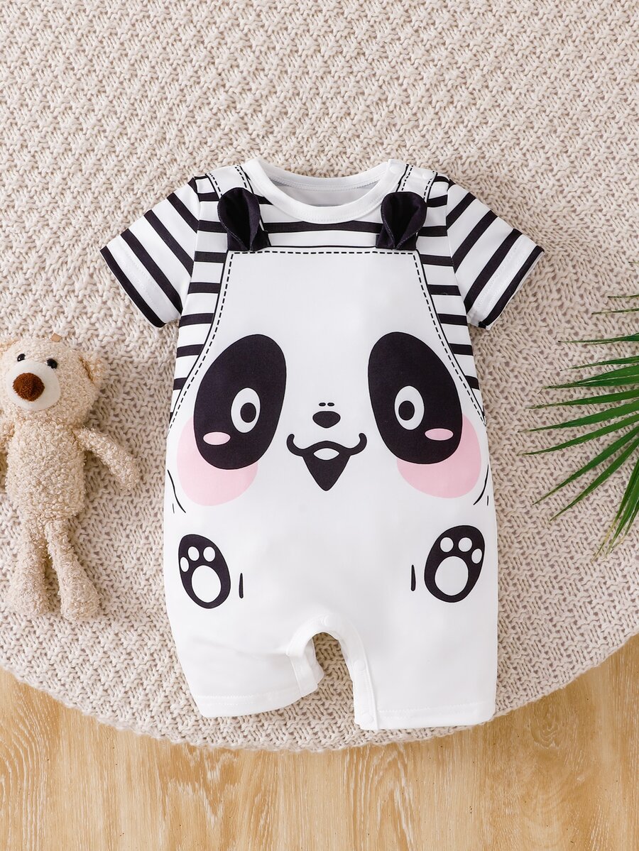 SHEIN Baby Boy Cute Dinosaur Print Soft Comfortable Romper, Suitable For Daily Wear, Holiday Gift Family Matching Photoshoot Black And White Striped Summer
