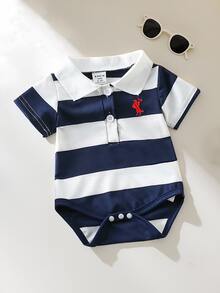 SHEIN 嬰兒男童夏季深藍色條紋連身衣 休閒馬刺繡短袖連身套裝 適合生日派對與度假家庭穿搭 - 藍色 - 查看 4