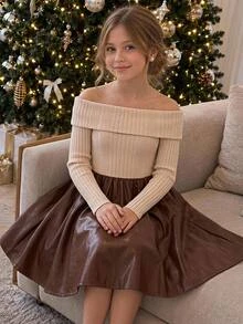 SHEIN Tween Girl Fleece Ribbed PU Patchwork Off-Shoulder Collared Dress - Multicolor - View 2