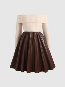 SHEIN Tween Girl Fleece Ribbed PU Patchwork Off-Shoulder Collared Dress - Multicolor - View 5