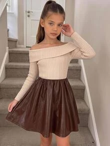 SHEIN Tween Girl Fleece Ribbed PU Patchwork Off-Shoulder Collared Dress - Multicolor - View 6