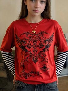 SHEIN Reset Phase 青少年萬聖節 Katseye 條紋拼接 2 合 1 印花圓領寬鬆長袖 T 恤 秋季上衣 校園舞會 紅色 正式場合 演唱會 街頭風 寬大版 - 彩色 - 查看 7