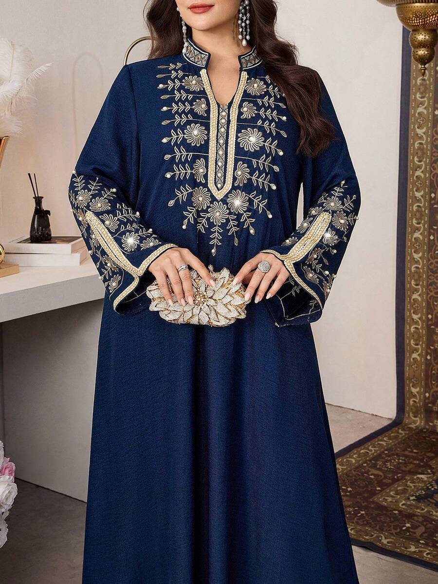 Al Najma Embroidered High-End Elegant Patchwork Ribbon Long Sleeve Stand Collar Loose Robe,Navy Blue,Summer,Modest,Muslim,Wedding, Al-Adha Turkish Style - Blue - View 1