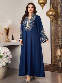 Al Najma Embroidered High-End Elegant Patchwork Ribbon Long Sleeve Stand Collar Loose Robe,Navy Blue,Summer,Modest,Muslim,Wedding, Al-Adha Turkish Style - Blue - View 6