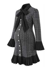 Momance Maternity Front Tie Bell Sleeve Plaid Single-Breasted Elegant Dress - Black - View 11