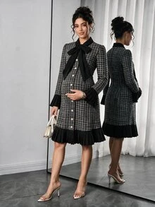 Momance Maternity Front Tie Bell Sleeve Plaid Single-Breasted Elegant Dress - Black - View 4