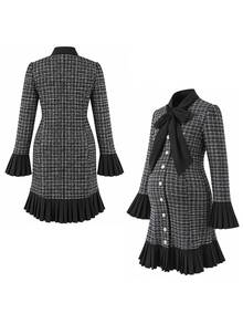 Momance Maternity Front Tie Bell Sleeve Plaid Single-Breasted Elegant Dress - Black - View 9