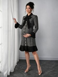 Momance Maternity Front Tie Bell Sleeve Plaid Single-Breasted Elegant Dress - Black - View 6