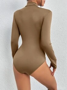 SHEIN 女款休閒極簡百搭純色高領長袖連身衣 外出穿搭 黑色 秋季 - 卡其色 - 查看 2