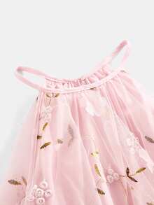 Pitira Tween Girl Pink Mesh Embroidered Elegant Halter Layered Dress - Pink - View 4